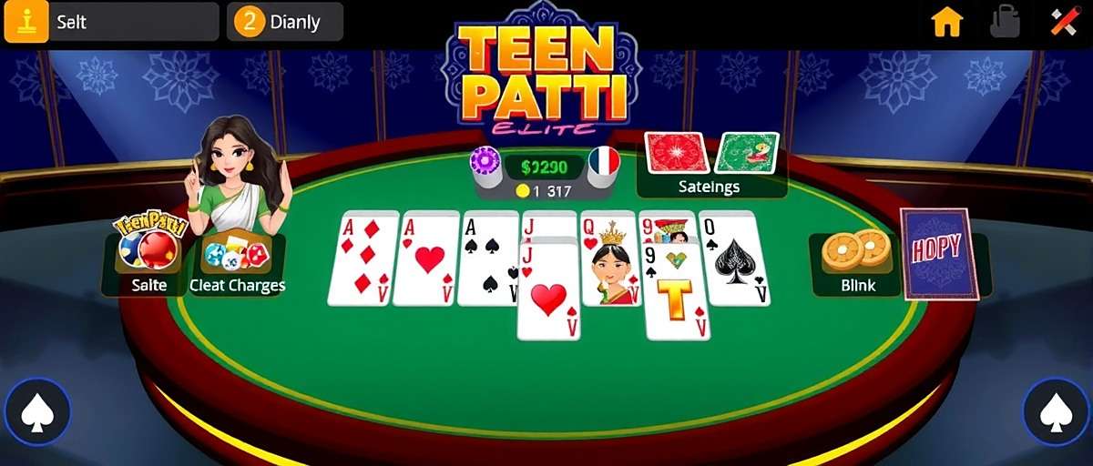 Teen Patti Elite Gameplay Teen Patti Elite game interface showing players in a virtual card table with Indian-themed design