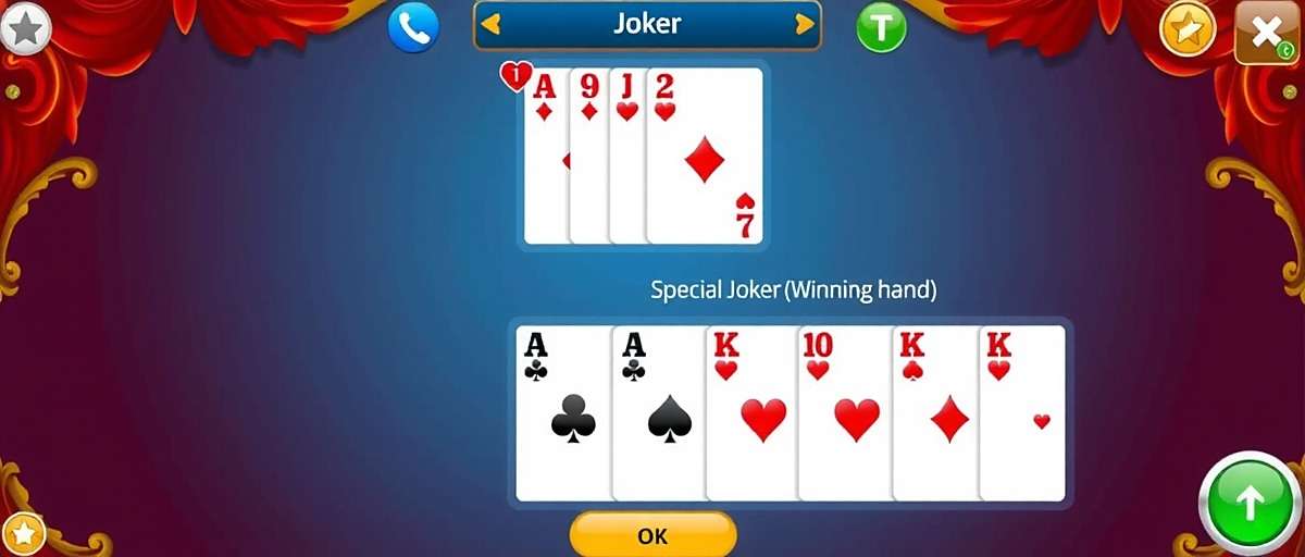 Teen Patti Elite Joker Variation Teen Patti Elite Joker variation showing special joker card and winning hand combinations