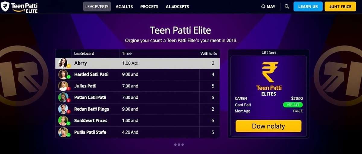 Teen Patti Elite National Tournament Teen Patti Elite tournament screen showing leaderboard, prizes, and participant count with Indian rupee prizes